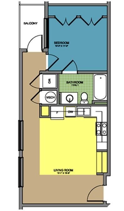 Floor plan for 1 bed, 1 bath, 594 sqft